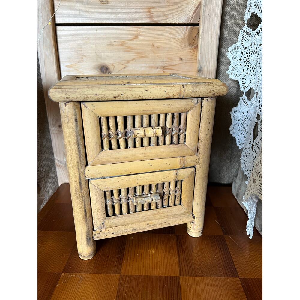 Vintage mid century bamboo or rattan 2 drawer mini chest